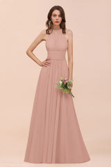 Elegant Chiffon Jewel Ruffle Champagne Affordable Bridesmaid Dress Online-Babyonlines