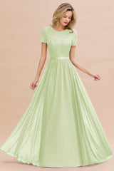 Elegant Chiffon Lace Jewel Short-Sleeves Affordable Bridesmaid Dress-Babyonlines