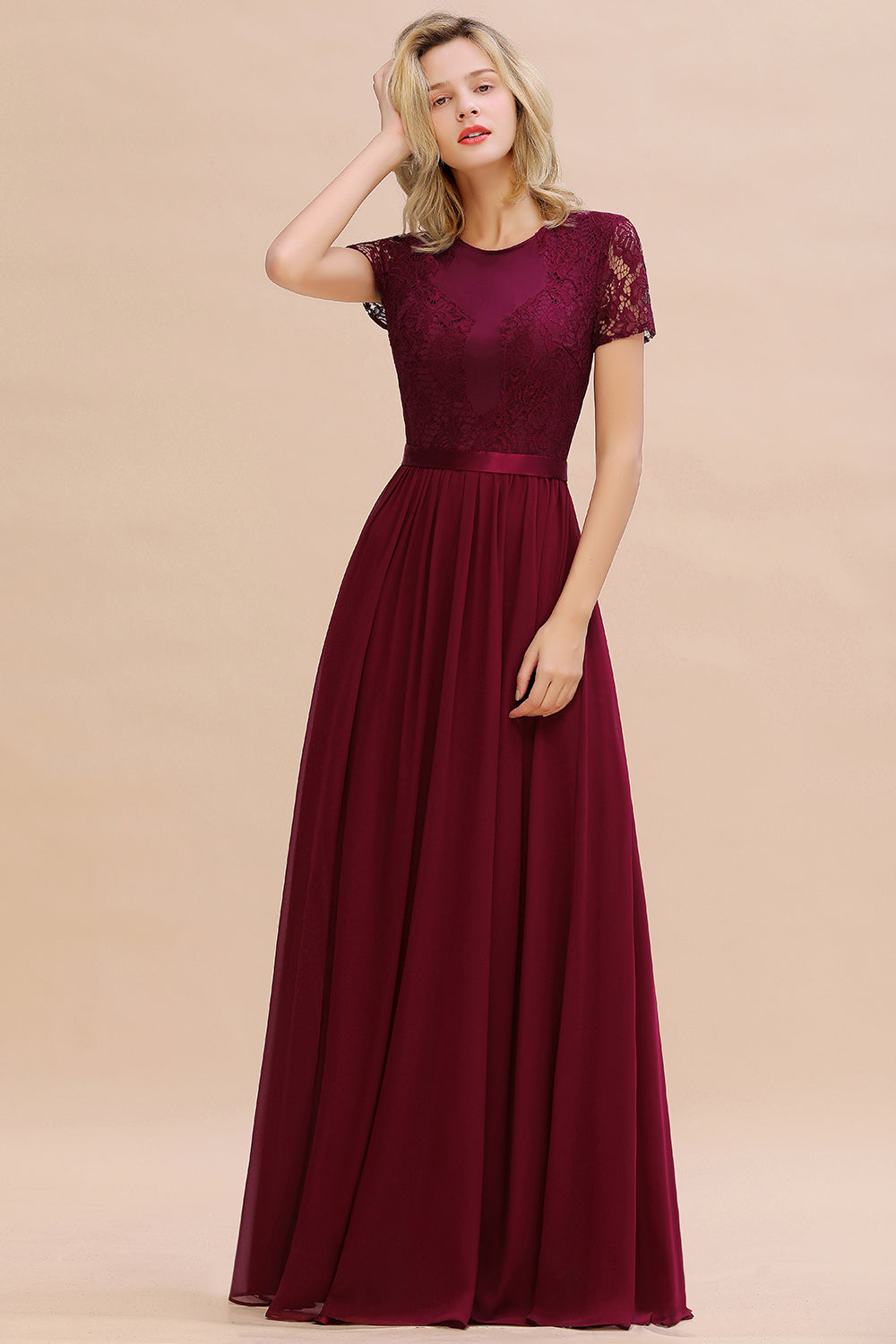 Elegant Chiffon Lace Jewel Short-Sleeves Affordable Bridesmaid Dress-Babyonlines