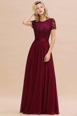 Elegant Chiffon Lace Jewel Short-Sleeves Affordable Bridesmaid Dress-Babyonlines