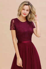 Elegant Chiffon Lace Jewel Short-Sleeves Affordable Bridesmaid Dress-Babyonlines