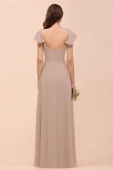 Elegant Chiffon Slit Affordable Bridesmaid Dresses with Short Sleeves-Babyonlines