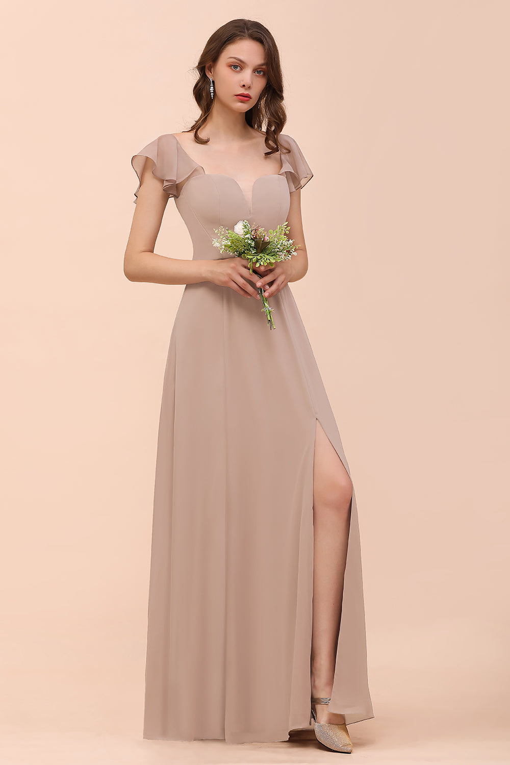 Elegant Chiffon Slit Affordable Bridesmaid Dresses with Short Sleeves-Babyonlines