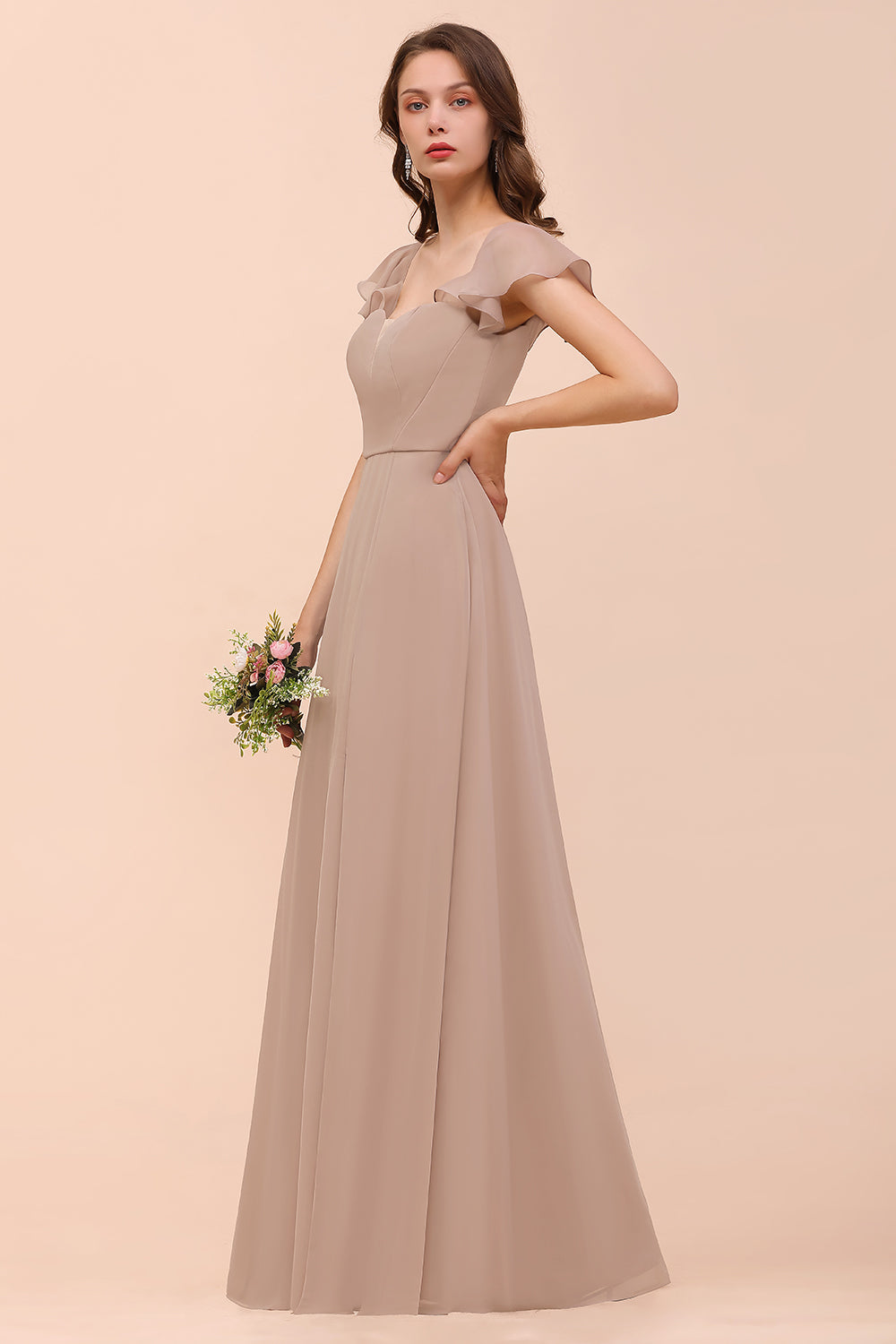 Elegant Chiffon Slit Affordable Bridesmaid Dresses with Short Sleeves-Babyonlines