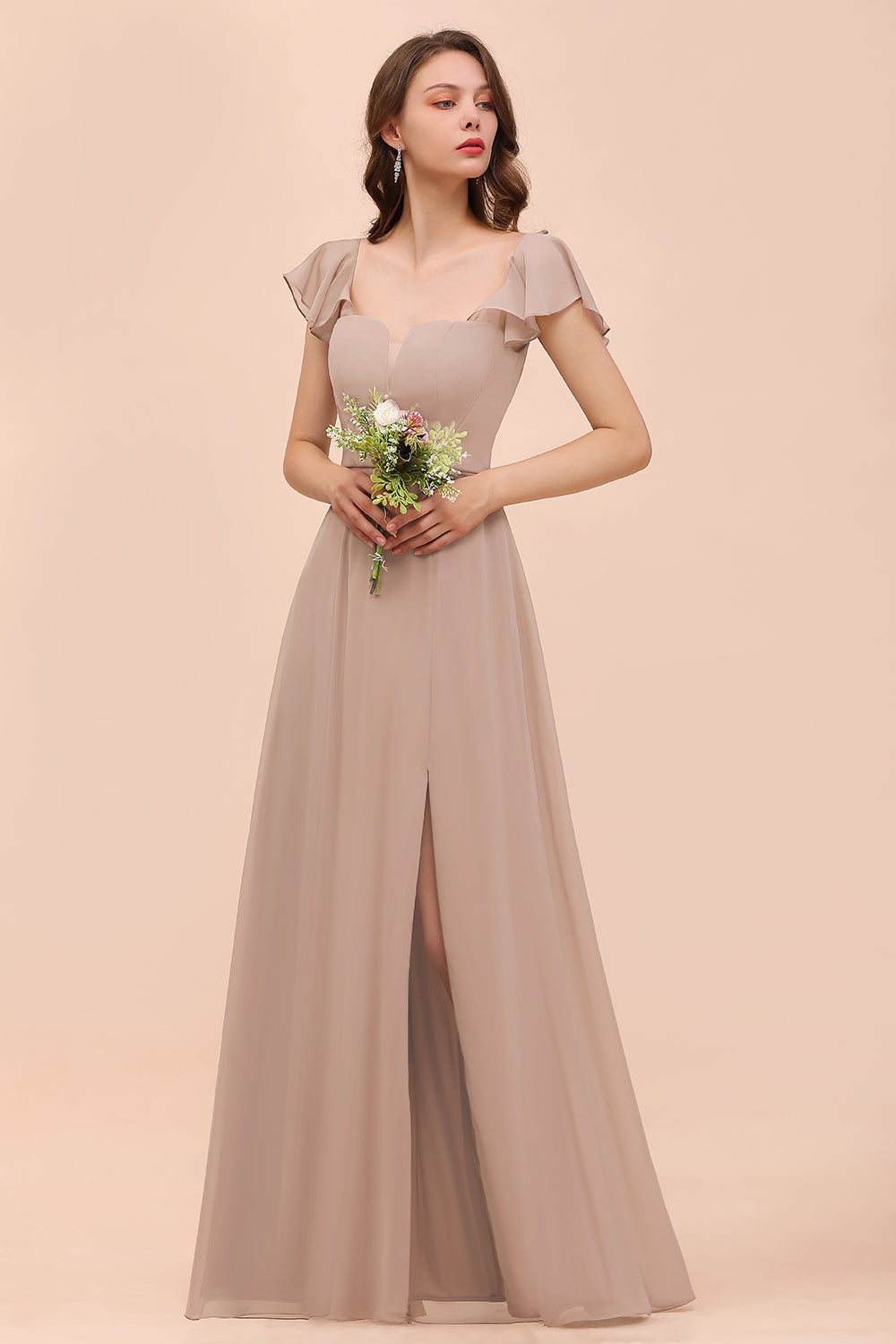 Elegant Chiffon Slit Affordable Bridesmaid Dresses with Short Sleeves-Babyonlines