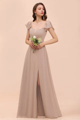 Elegant Chiffon Slit Affordable Bridesmaid Dresses with Short Sleeves-Babyonlines