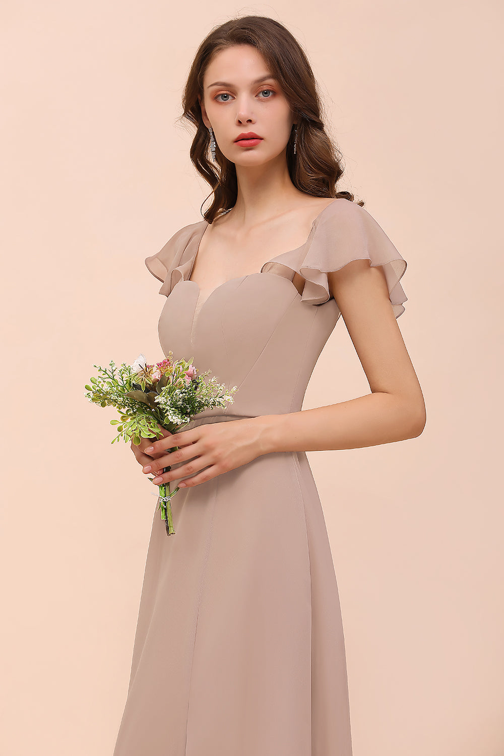 Elegant Chiffon Slit Affordable Bridesmaid Dresses with Short Sleeves-Babyonlines