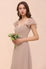 Elegant Chiffon Slit Affordable Bridesmaid Dresses with Short Sleeves-Babyonlines