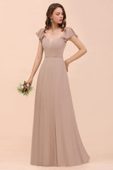 Elegant Chiffon Slit Affordable Bridesmaid Dresses with Short Sleeves-Babyonlines