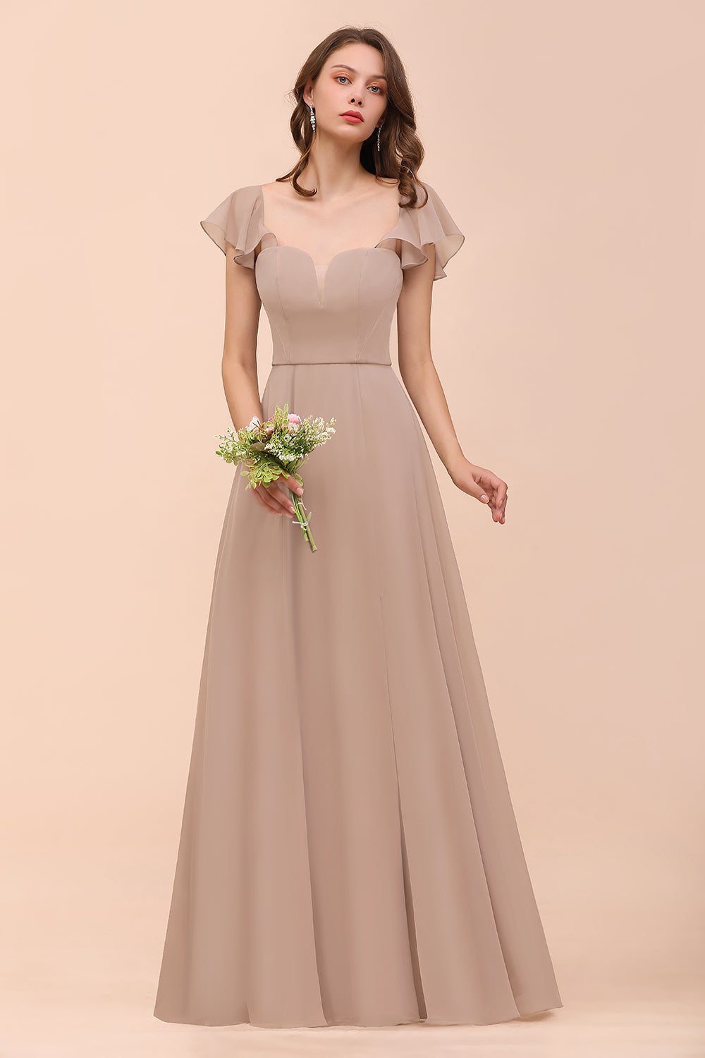 Elegant Chiffon Slit Affordable Bridesmaid Dresses with Short Sleeves-Babyonlines