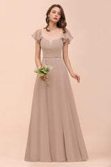 Elegant Chiffon Slit Affordable Bridesmaid Dresses with Short Sleeves-Babyonlines