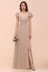 Elegant Chiffon Slit Affordable Bridesmaid Dresses with Short Sleeves-Babyonlines