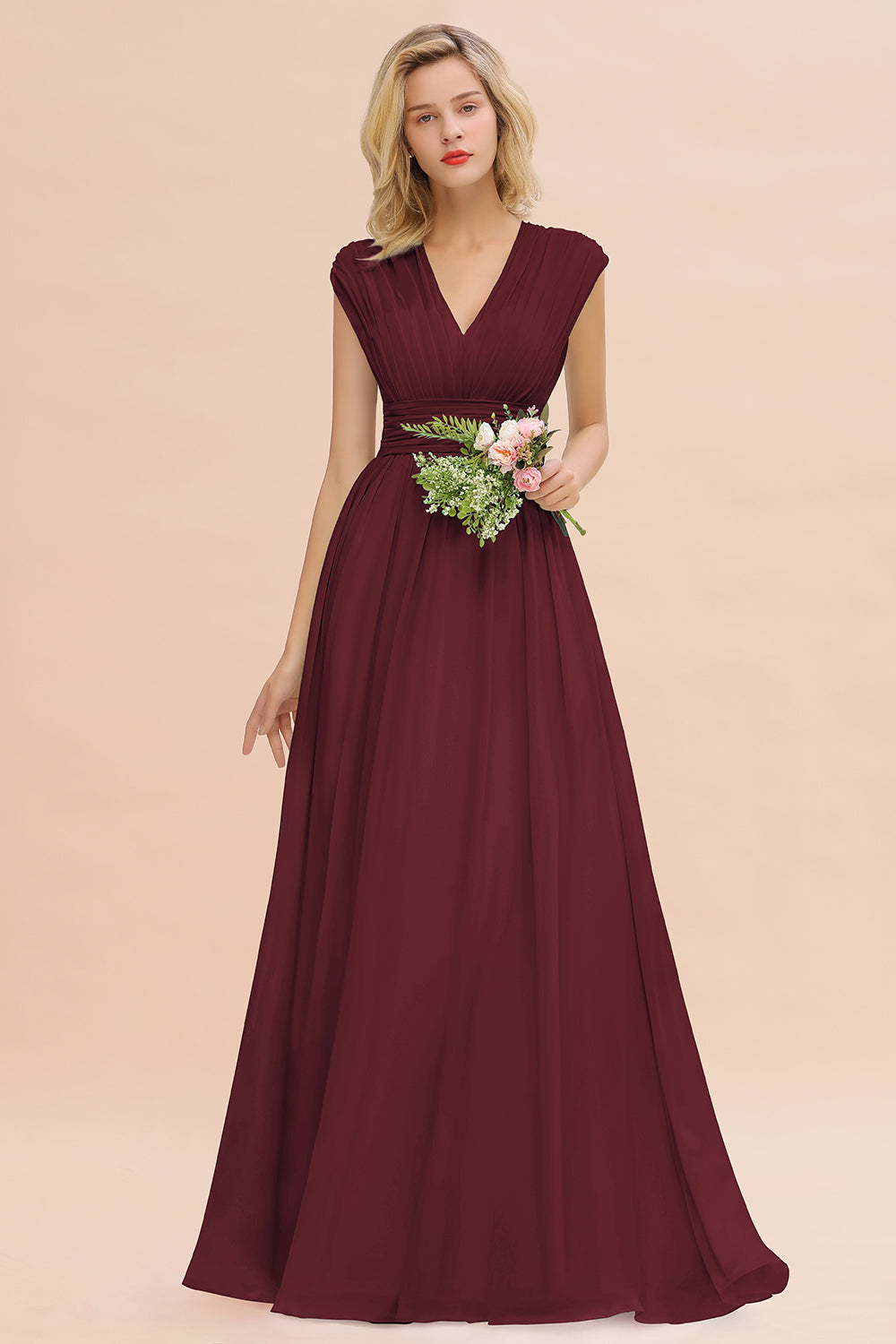 Elegant Chiffon V-Neck Ruffle Long Bridesmaid Dresses Affordable-Babyonlines
