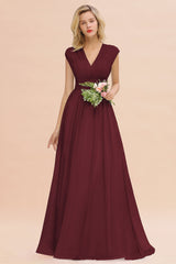 Elegant Chiffon V-Neck Ruffle Long Bridesmaid Dresses Affordable-Babyonlines