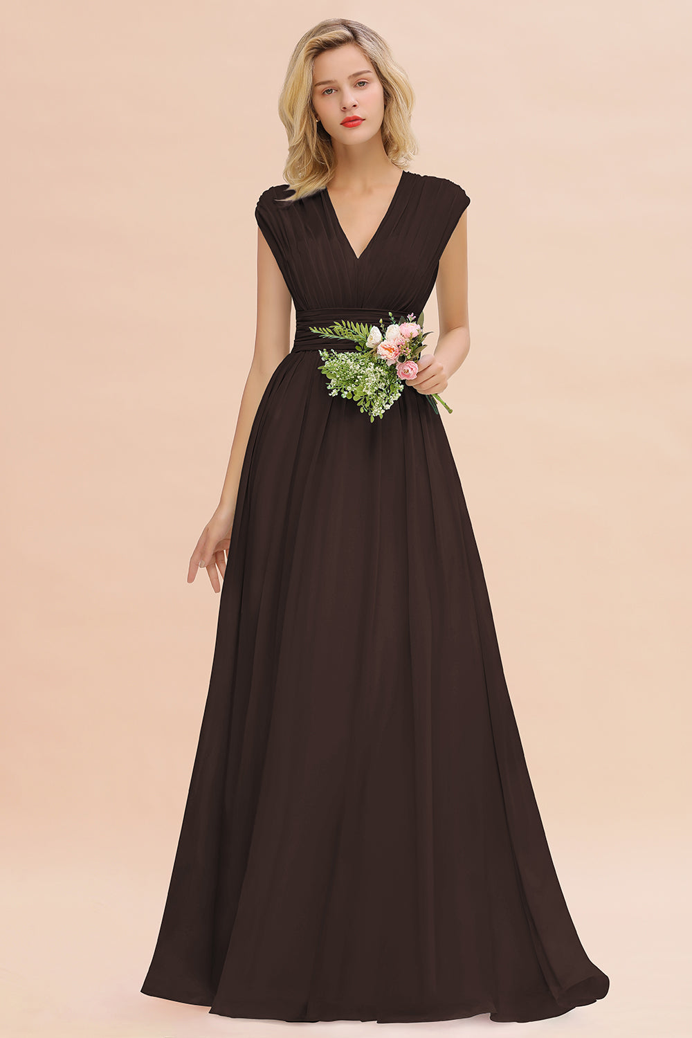 Elegant Chiffon V-Neck Ruffle Long Bridesmaid Dresses Affordable-Babyonlines