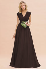 Elegant Chiffon V-Neck Ruffle Long Bridesmaid Dresses Affordable-Babyonlines