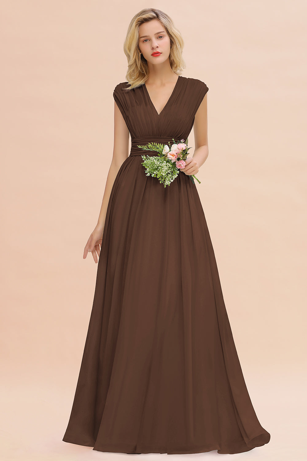 Elegant Chiffon V-Neck Ruffle Long Bridesmaid Dresses Affordable-Babyonlines