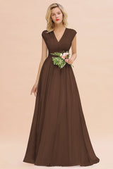 Elegant Chiffon V-Neck Ruffle Long Bridesmaid Dresses Affordable-Babyonlines
