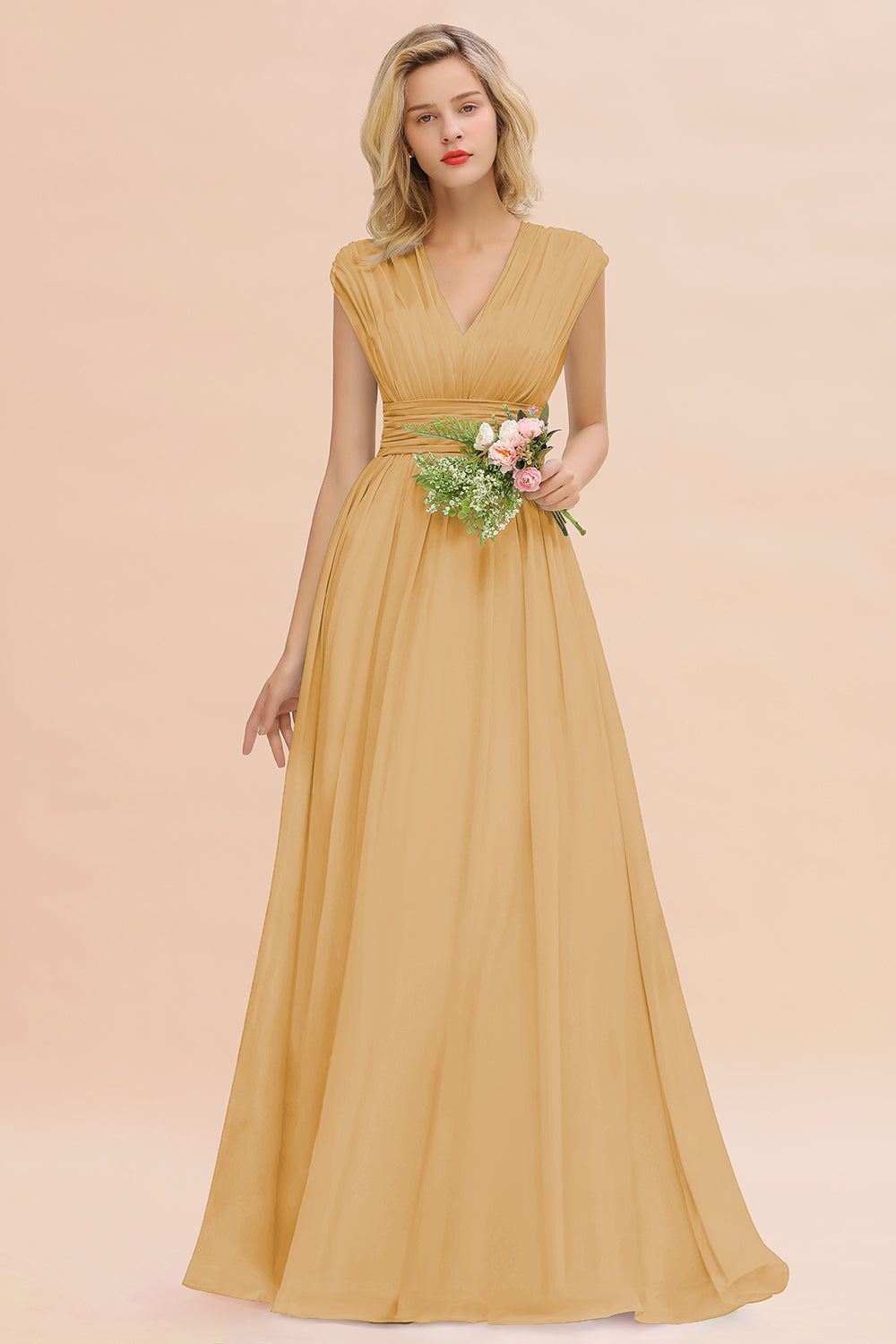 Elegant Chiffon V-Neck Ruffle Long Bridesmaid Dresses Affordable-Babyonlines