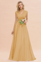 Elegant Chiffon V-Neck Ruffle Long Bridesmaid Dresses Affordable-Babyonlines
