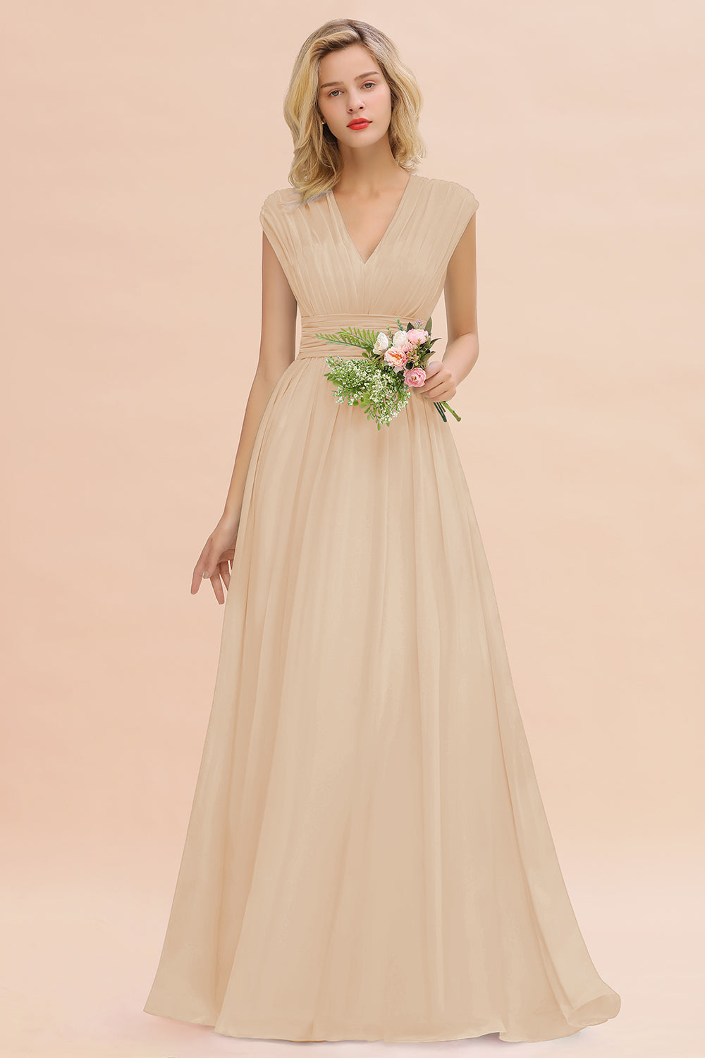 Elegant Chiffon V-Neck Ruffle Long Bridesmaid Dresses Affordable-Babyonlines