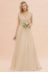 Elegant Chiffon V-Neck Ruffle Long Bridesmaid Dresses Affordable-Babyonlines
