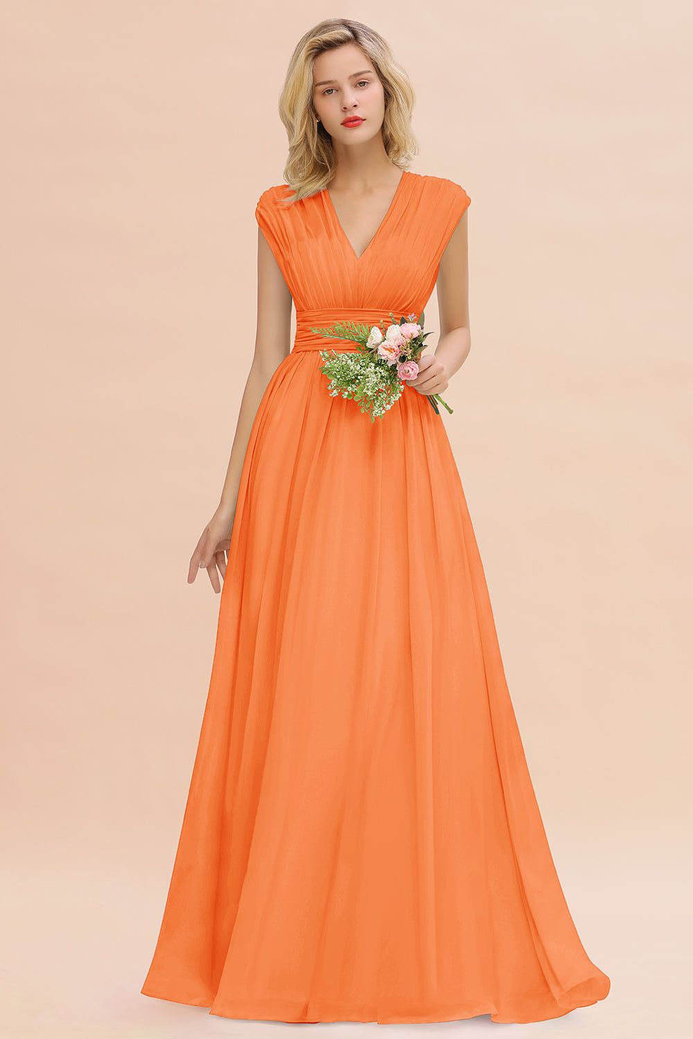 Elegant Chiffon V-Neck Ruffle Long Bridesmaid Dresses Affordable-Babyonlines