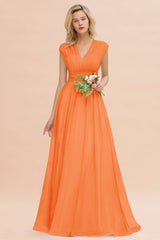 Elegant Chiffon V-Neck Ruffle Long Bridesmaid Dresses Affordable-Babyonlines