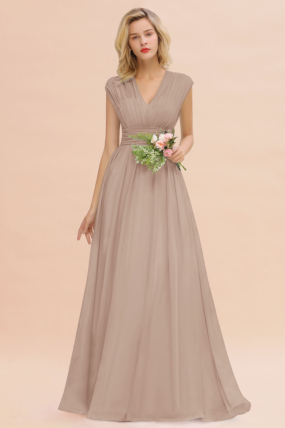 Elegant Chiffon V-Neck Ruffle Long Bridesmaid Dresses Affordable-Babyonlines