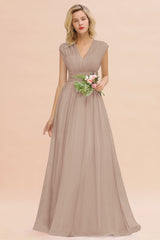 Elegant Chiffon V-Neck Ruffle Long Bridesmaid Dresses Affordable-Babyonlines
