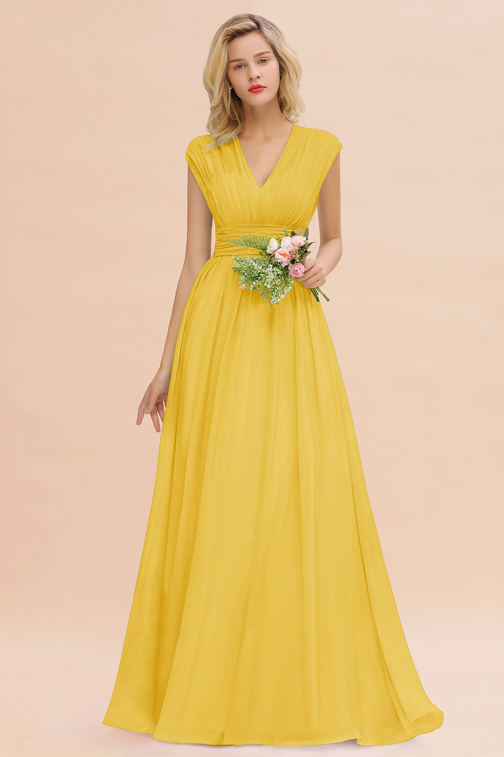 Elegant Chiffon V-Neck Ruffle Long Bridesmaid Dresses Affordable-Babyonlines