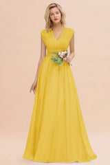 Elegant Chiffon V-Neck Ruffle Long Bridesmaid Dresses Affordable-Babyonlines