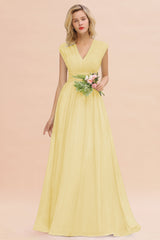 Elegant Chiffon V-Neck Ruffle Long Bridesmaid Dresses Affordable-Babyonlines