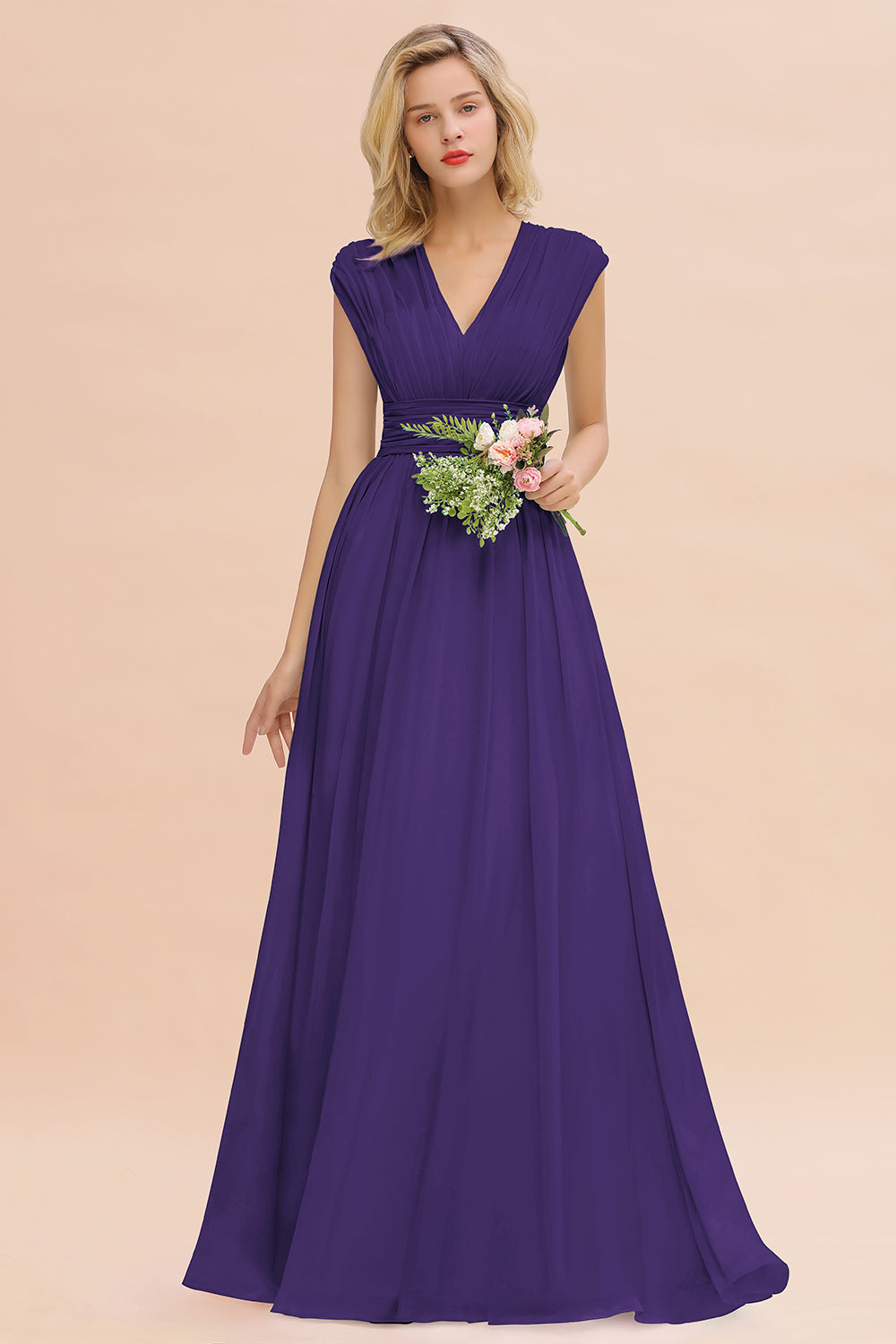Elegant Chiffon V-Neck Ruffle Long Bridesmaid Dresses Affordable-Babyonlines