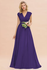 Elegant Chiffon V-Neck Ruffle Long Bridesmaid Dresses Affordable-Babyonlines