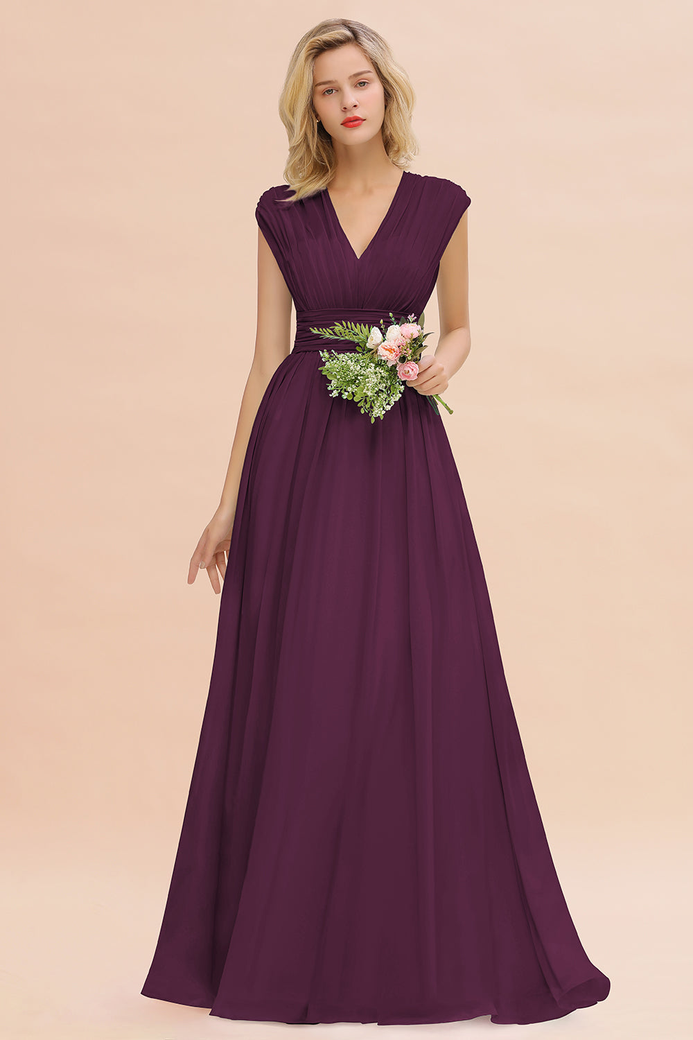 Elegant Chiffon V-Neck Ruffle Long Bridesmaid Dresses Affordable-Babyonlines