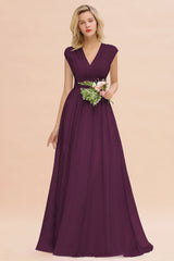 Elegant Chiffon V-Neck Ruffle Long Bridesmaid Dresses Affordable-Babyonlines