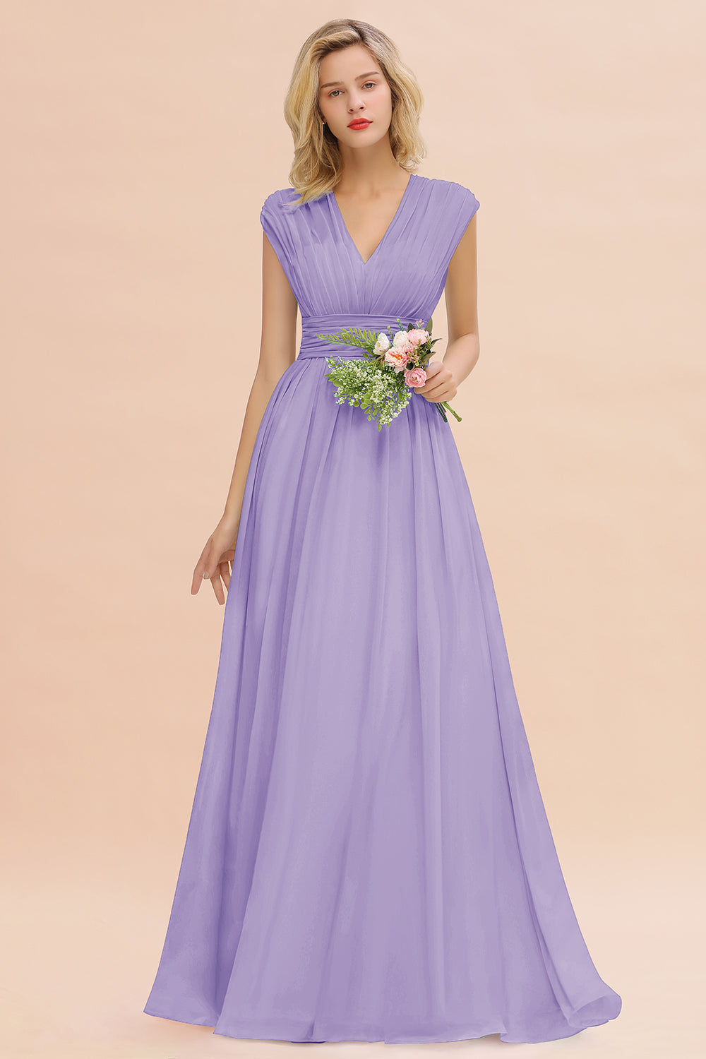 Elegant Chiffon V-Neck Ruffle Long Bridesmaid Dresses Affordable-Babyonlines