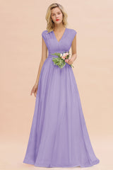 Elegant Chiffon V-Neck Ruffle Long Bridesmaid Dresses Affordable-Babyonlines