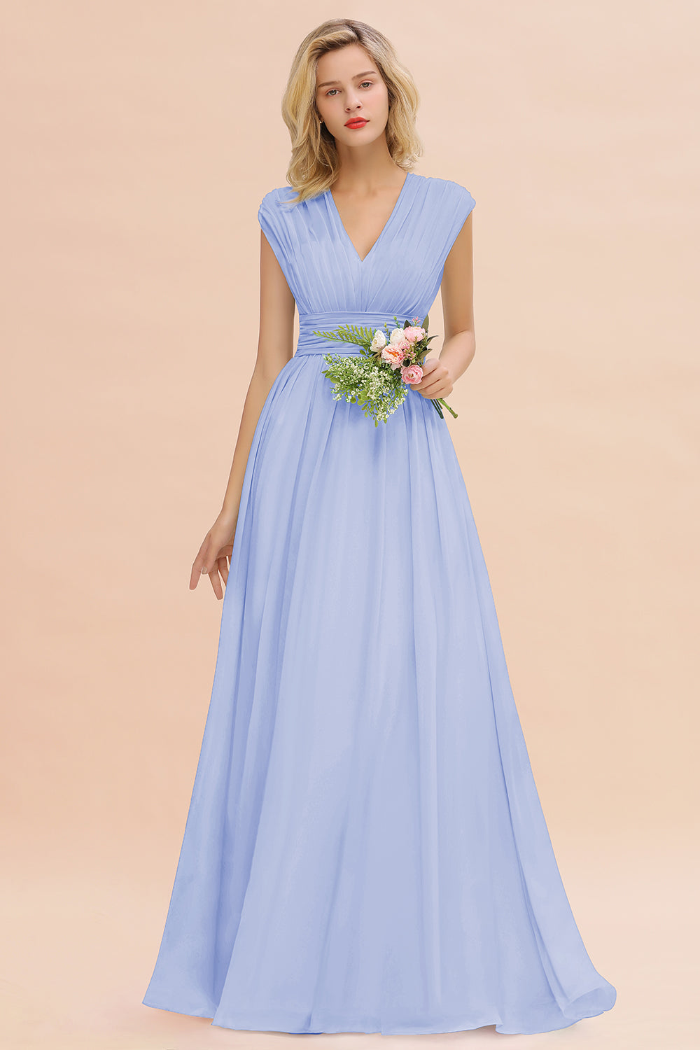 Elegant Chiffon V-Neck Ruffle Long Bridesmaid Dresses Affordable-Babyonlines