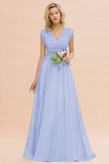 Elegant Chiffon V-Neck Ruffle Long Bridesmaid Dresses Affordable-Babyonlines
