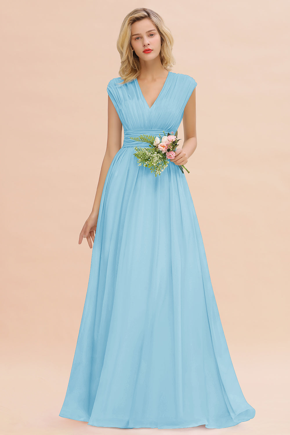 Elegant Chiffon V-Neck Ruffle Long Bridesmaid Dresses Affordable-Babyonlines