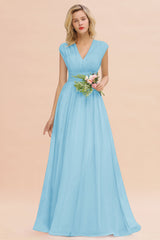 Elegant Chiffon V-Neck Ruffle Long Bridesmaid Dresses Affordable-Babyonlines