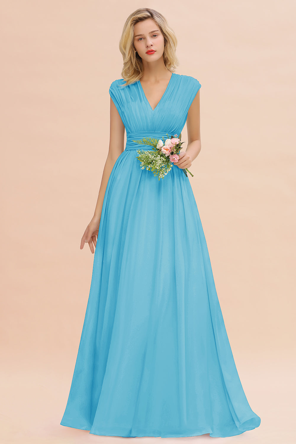 Elegant Chiffon V-Neck Ruffle Long Bridesmaid Dresses Affordable-Babyonlines