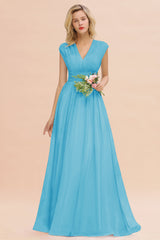 Elegant Chiffon V-Neck Ruffle Long Bridesmaid Dresses Affordable-Babyonlines