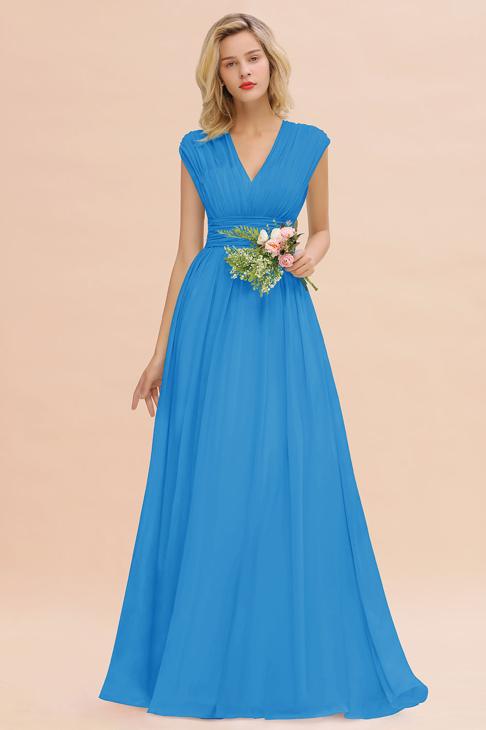 Elegant Chiffon V-Neck Ruffle Long Bridesmaid Dresses Affordable-Babyonlines