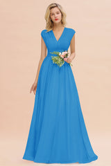 Elegant Chiffon V-Neck Ruffle Long Bridesmaid Dresses Affordable-Babyonlines