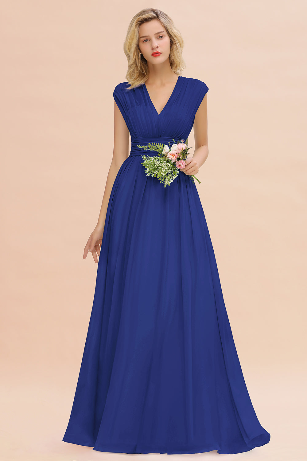 Elegant Chiffon V-Neck Ruffle Long Bridesmaid Dresses Affordable-Babyonlines
