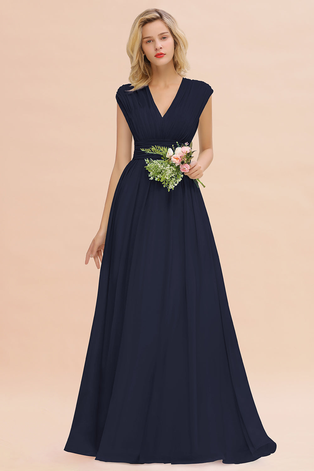 Elegant Chiffon V-Neck Ruffle Long Bridesmaid Dresses Affordable-Babyonlines
