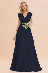 Elegant Chiffon V-Neck Ruffle Long Bridesmaid Dresses Affordable-Babyonlines